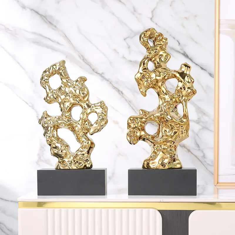 Resin Ornaments Gold Hollowed Out Stone Statue Taihuite Coral Sculpture Decorative Figurines Home Decoration Accessories - House Of Avana