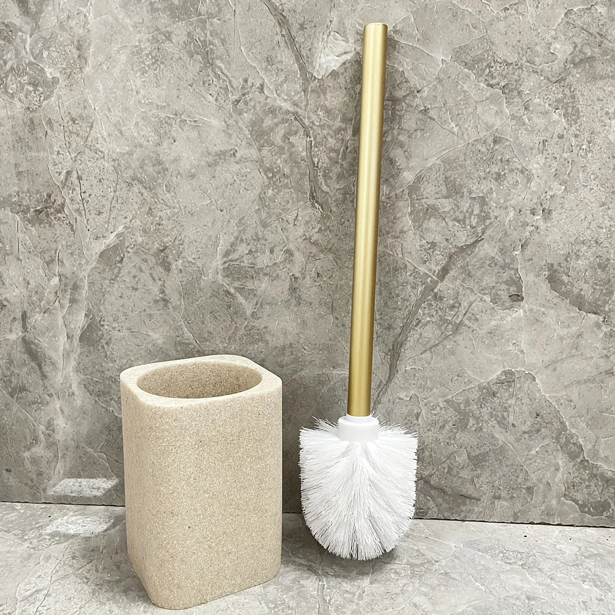 Resin White Marble Toilet Brush Holder with Handle, Reusable Floor Mount Bathroom Accessory, Hard Solid Project, No Electricity Needed - Ideal Christmas Gift House Of Avana