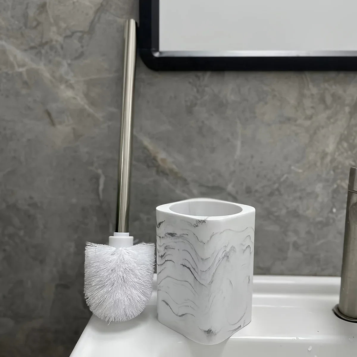 Resin White Marble Toilet Brush Holder with Handle, Reusable Floor Mount Bathroom Accessory, Hard Solid Project, No Electricity Needed - Ideal Christmas Gift House Of Avana