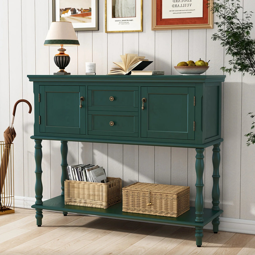 Console Table With 2 Drawers, Retro Entryway Table With 2 Door Cabinets And Open Storage Shelf, Narrow Long Sofa Table, Behind Couch Table For Living Room, Foyer And Hallway House Of Avana