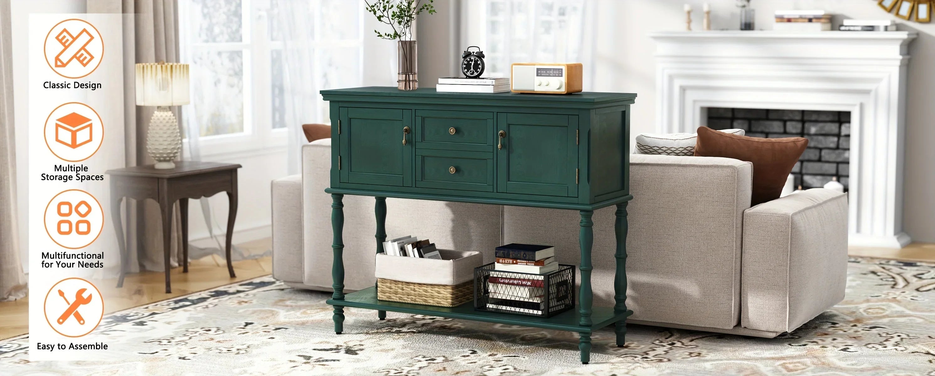 Console Table With 2 Drawers, Retro Entryway Table With 2 Door Cabinets And Open Storage Shelf, Narrow Long Sofa Table, Behind Couch Table For Living Room, Foyer And Hallway House Of Avana