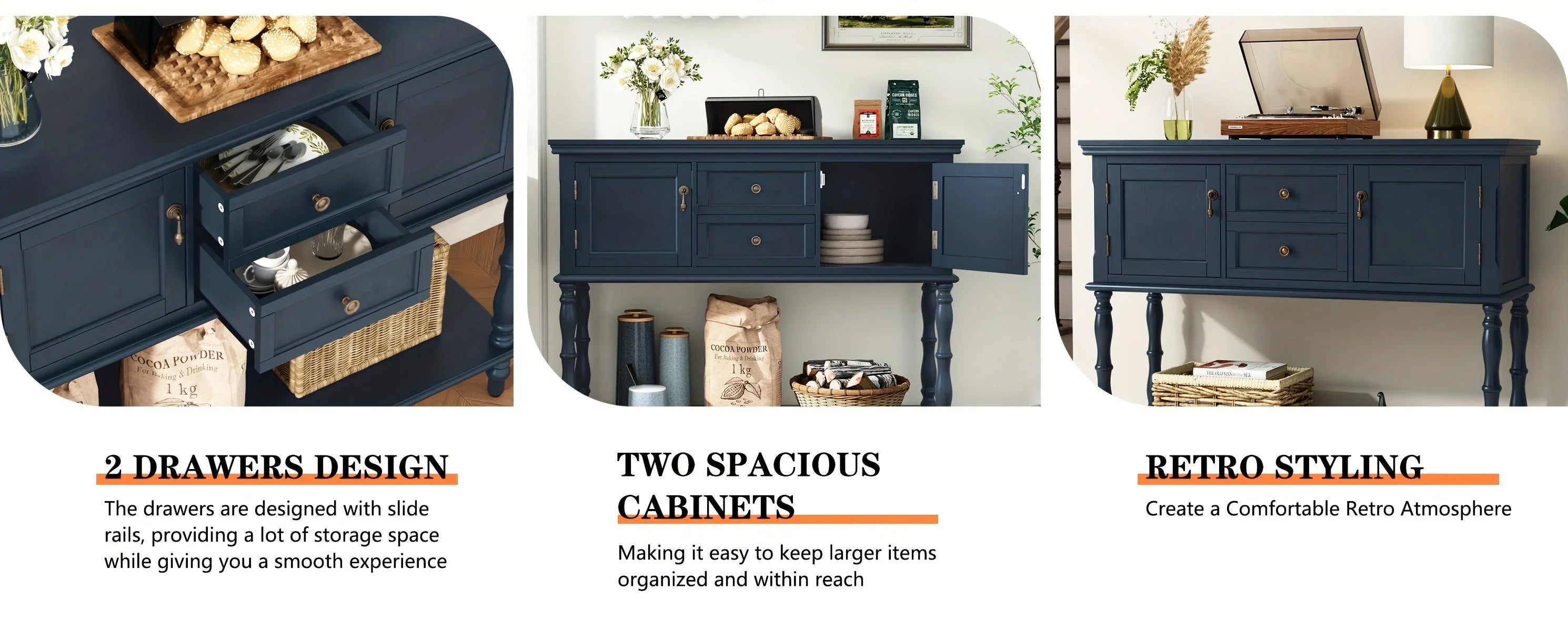 Console Table With 2 Drawers, Retro Entryway Table With 2 Door Cabinets And Open Storage Shelf, Narrow Long Sofa Table, Behind Couch Table For Living Room, Foyer And Hallway House Of Avana