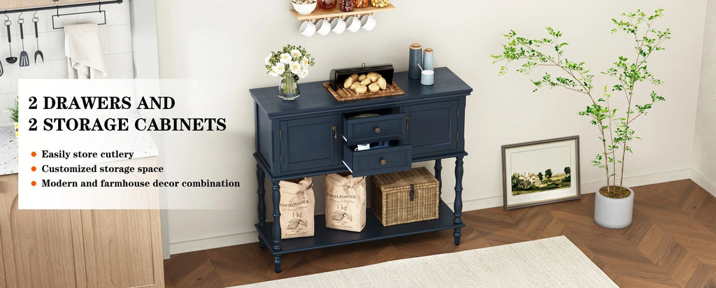 Console Table With 2 Drawers, Retro Entryway Table With 2 Door Cabinets And Open Storage Shelf, Narrow Long Sofa Table, Behind Couch Table For Living Room, Foyer And Hallway House Of Avana