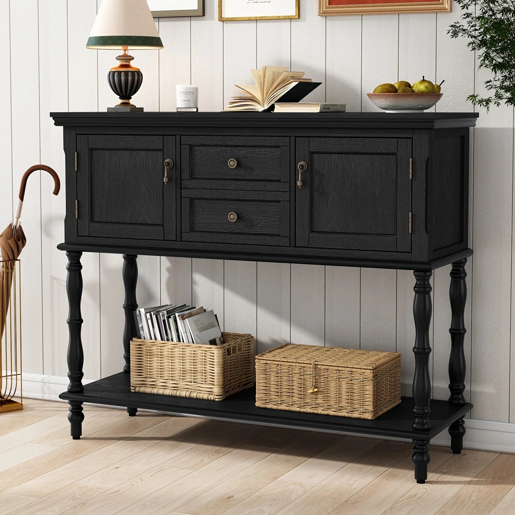 Console Table With 2 Drawers, Retro Entryway Table With 2 Door Cabinets And Open Storage Shelf, Narrow Long Sofa Table, Behind Couch Table For Living Room, Foyer And Hallway House Of Avana