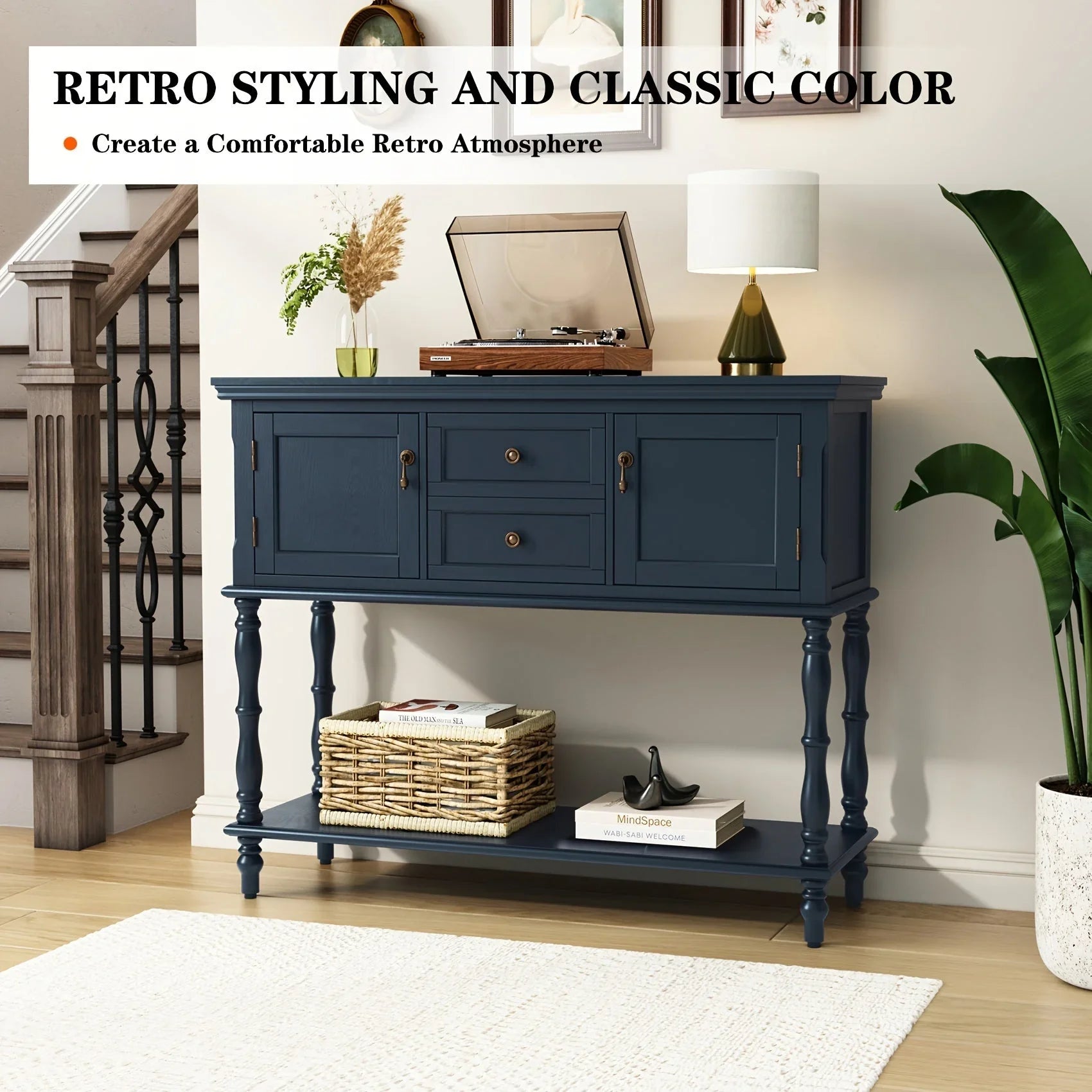 Console Table With 2 Drawers, Retro Entryway Table With 2 Door Cabinets And Open Storage Shelf, Narrow Long Sofa Table, Behind Couch Table For Living Room, Foyer And Hallway House Of Avana