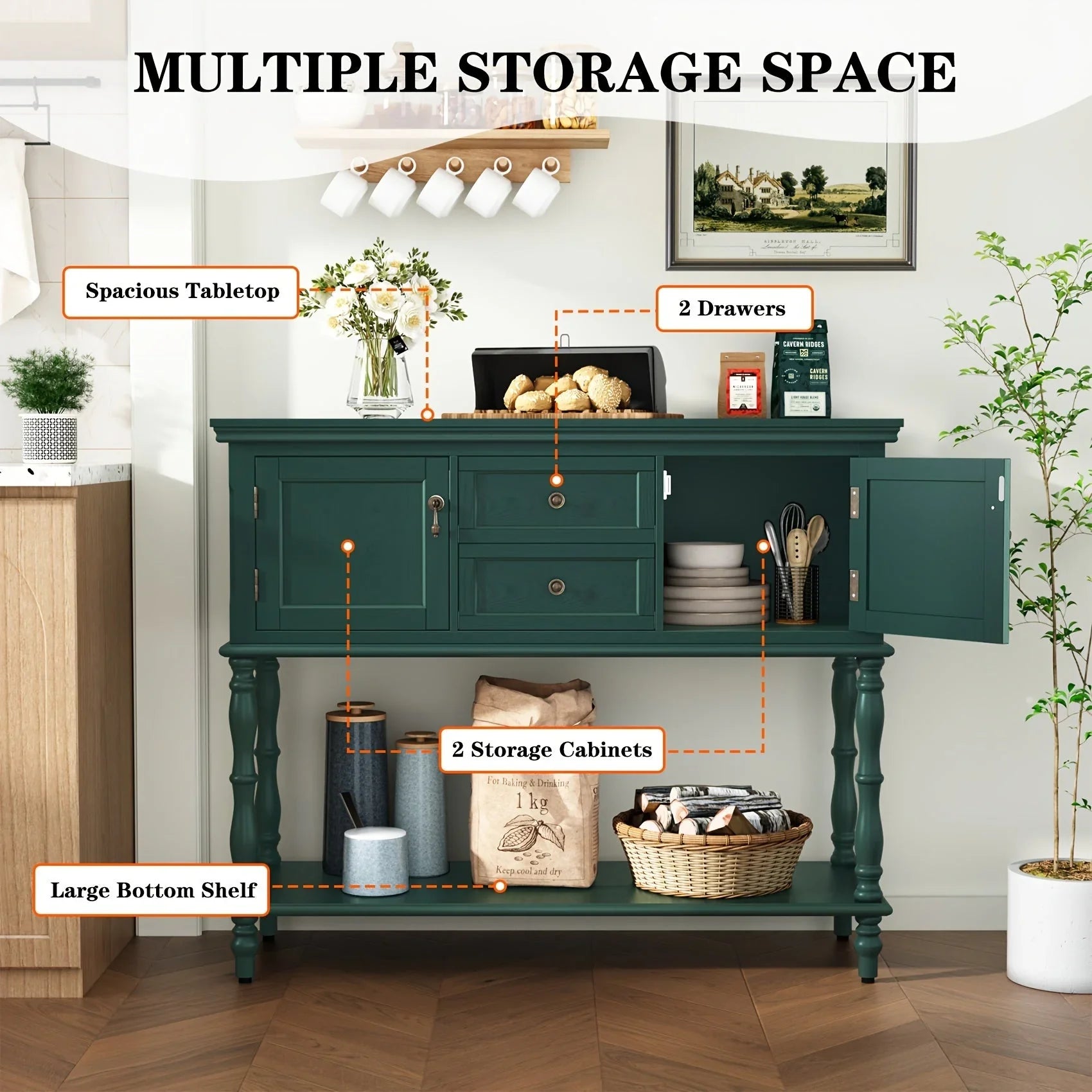 Console Table With 2 Drawers, Retro Entryway Table With 2 Door Cabinets And Open Storage Shelf, Narrow Long Sofa Table, Behind Couch Table For Living Room, Foyer And Hallway House Of Avana