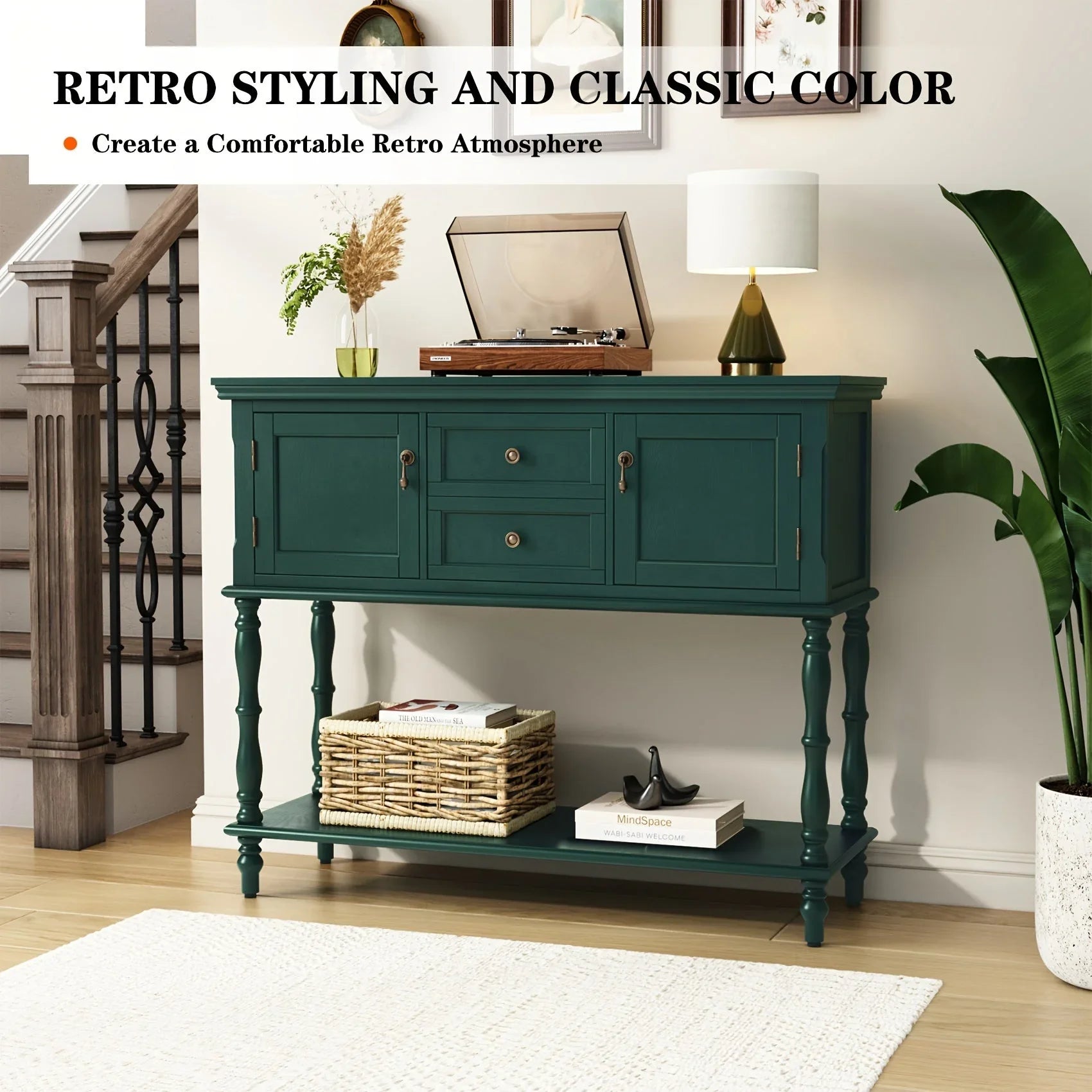 Console Table With 2 Drawers, Retro Entryway Table With 2 Door Cabinets And Open Storage Shelf, Narrow Long Sofa Table, Behind Couch Table For Living Room, Foyer And Hallway House Of Avana