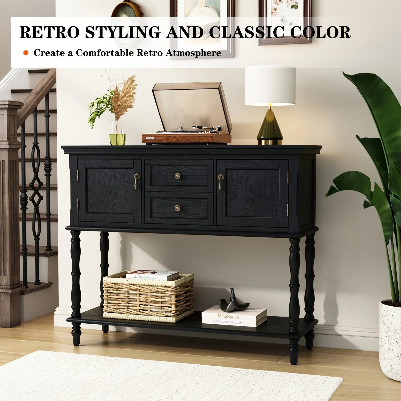 Console Table With 2 Drawers, Retro Entryway Table With 2 Door Cabinets And Open Storage Shelf, Narrow Long Sofa Table, Behind Couch Table For Living Room, Foyer And Hallway House Of Avana