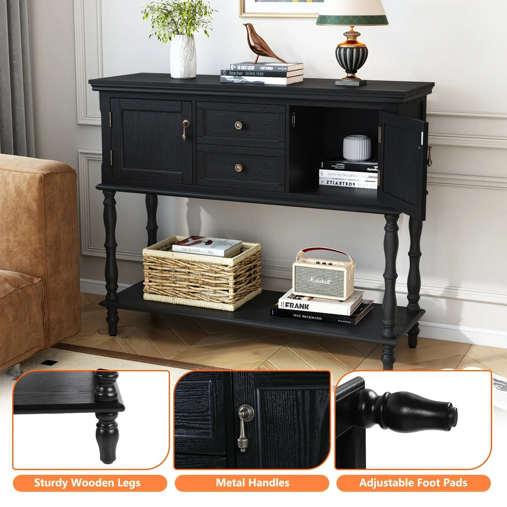 Console Table With 2 Drawers, Retro Entryway Table With 2 Door Cabinets And Open Storage Shelf, Narrow Long Sofa Table, Behind Couch Table For Living Room, Foyer And Hallway House Of Avana