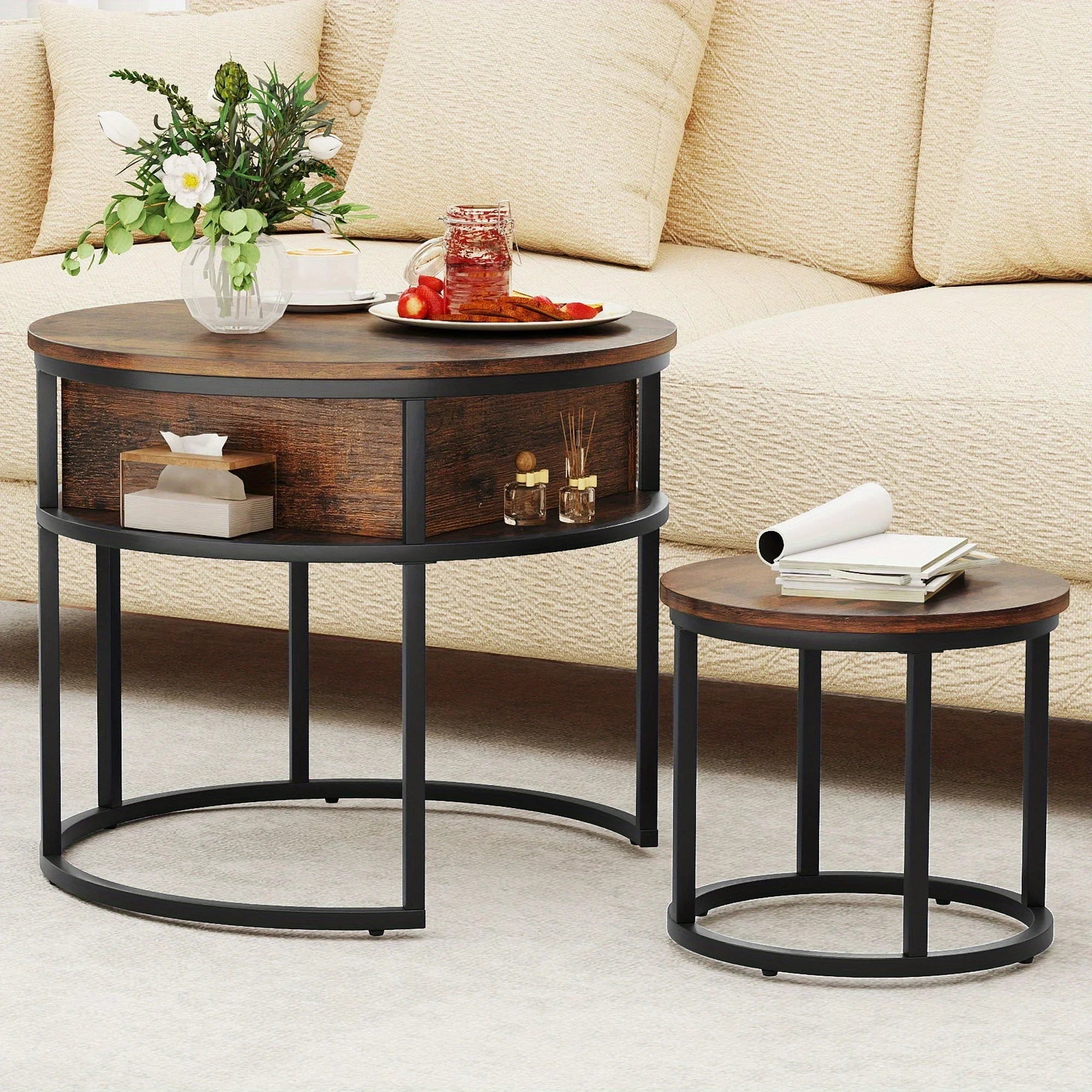 [Retro Lift-Top Coffee Table] Adjustable Height Retro Style Lift-Top Coffee Table Set with Hidden Storage – Large 60×60×50cm + Small 38×38×30cm Round Design Living Room Side Tables House Of Avana