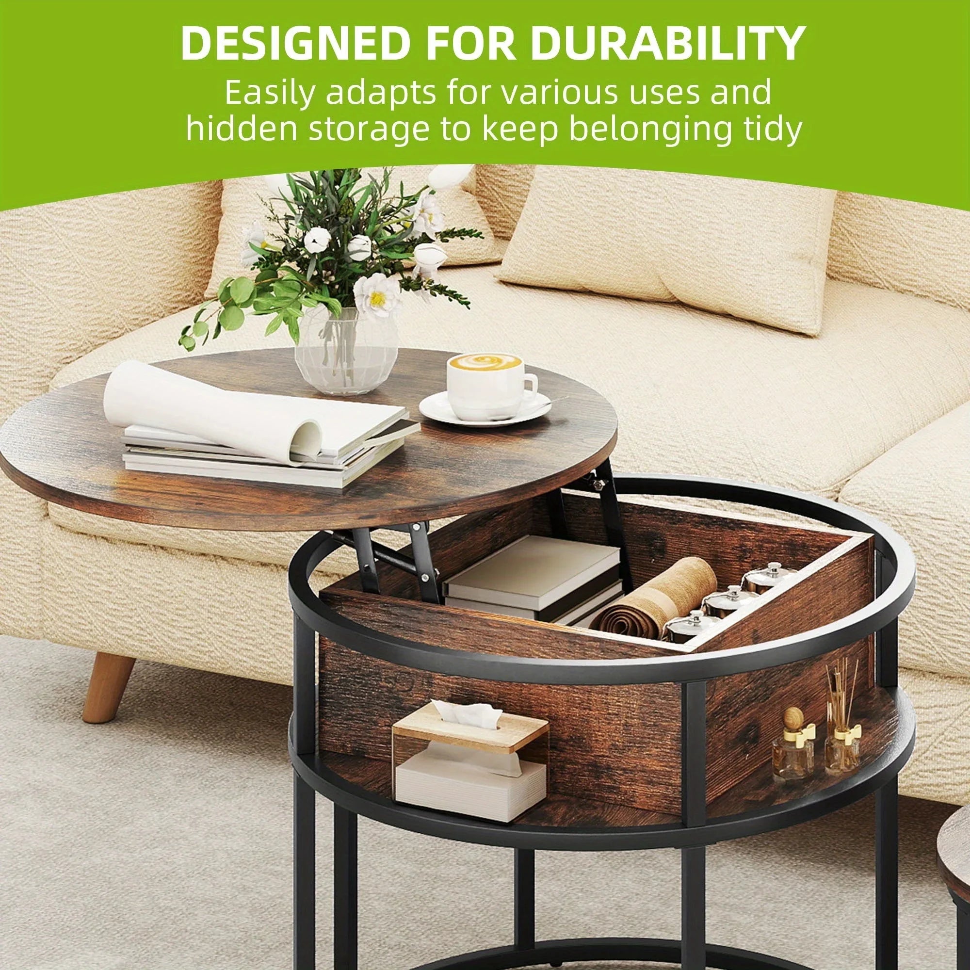 [Retro Lift-Top Coffee Table] Adjustable Height Retro Style Lift-Top Coffee Table Set with Hidden Storage – Large 60×60×50cm + Small 38×38×30cm Round Design Living Room Side Tables House Of Avana