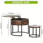 [Retro Lift-Top Coffee Table] Adjustable Height Retro Style Lift-Top Coffee Table Set with Hidden Storage – Large 60×60×50cm + Small 38×38×30cm Round Design Living Room Side Tables House Of Avana