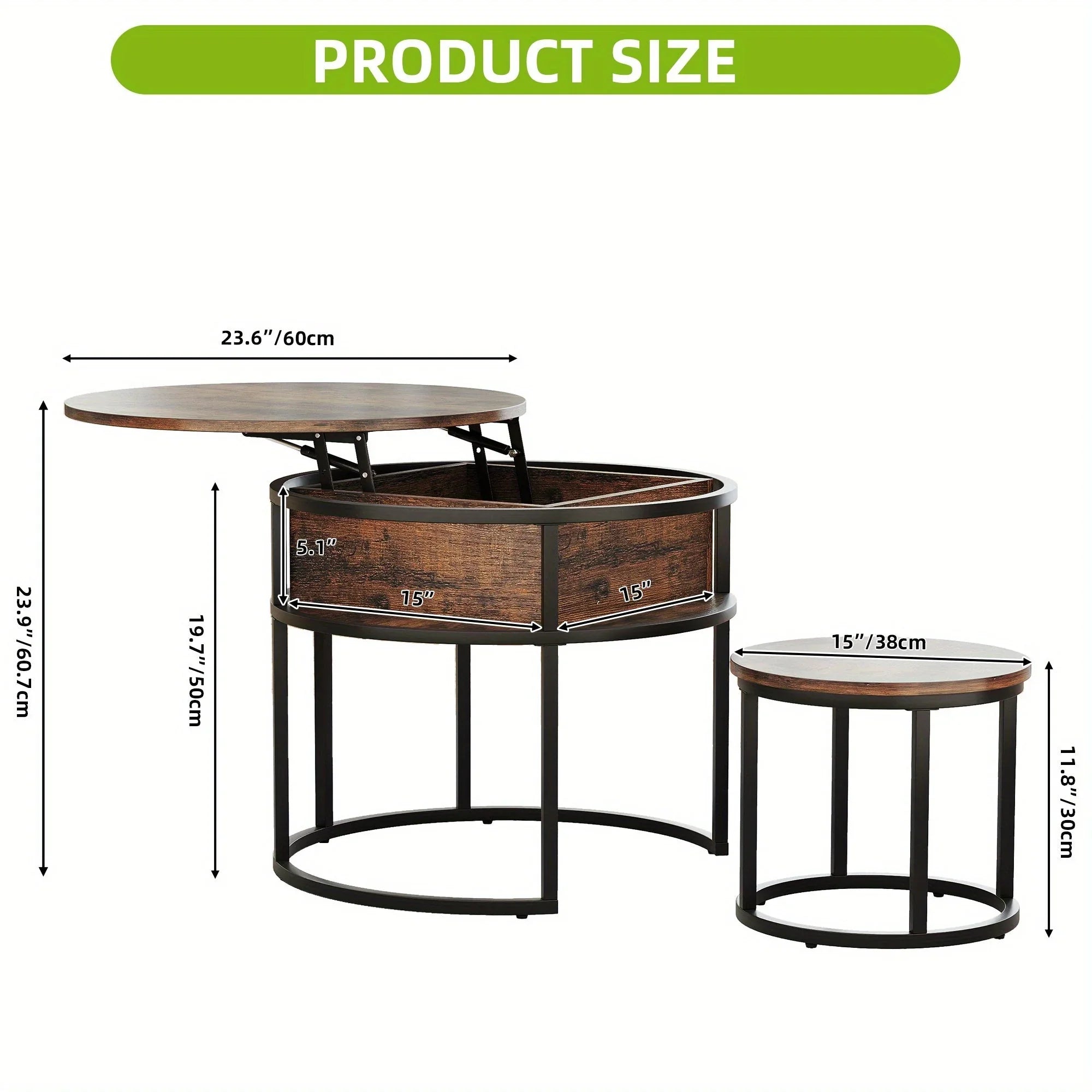 [Retro Lift-Top Coffee Table] Adjustable Height Retro Style Lift-Top Coffee Table Set with Hidden Storage – Large 60×60×50cm + Small 38×38×30cm Round Design Living Room Side Tables House Of Avana