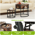 [Retro Lift-Top Coffee Table] Adjustable Height Retro Style Lift-Top Coffee Table Set with Hidden Storage – Large 60×60×50cm + Small 38×38×30cm Round Design Living Room Side Tables House Of Avana