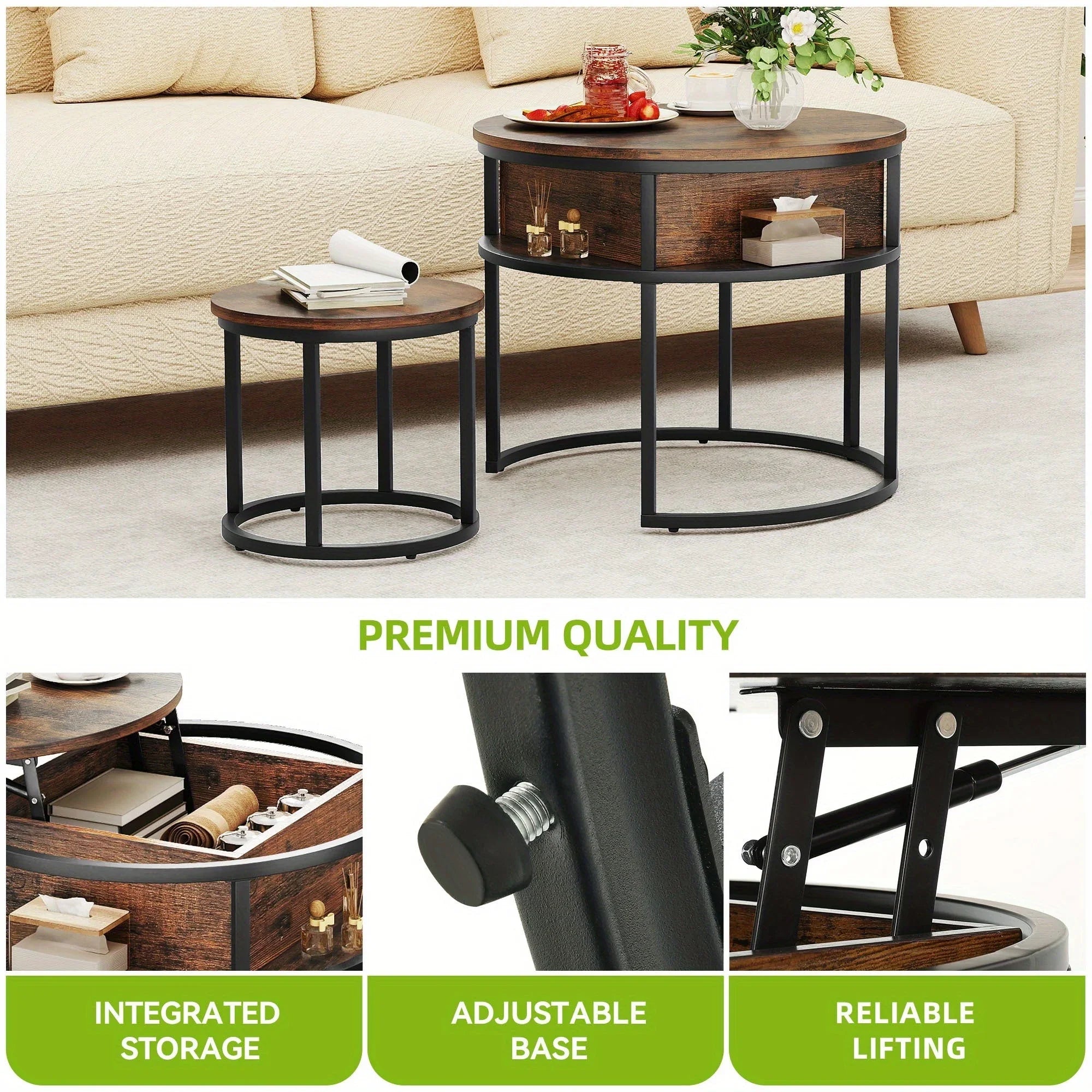 [Retro Lift-Top Coffee Table] Adjustable Height Retro Style Lift-Top Coffee Table Set with Hidden Storage – Large 60×60×50cm + Small 38×38×30cm Round Design Living Room Side Tables House Of Avana