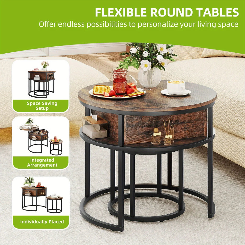 [Retro Lift-Top Coffee Table] Adjustable Height Retro Style Lift-Top Coffee Table Set with Hidden Storage – Large 60×60×50cm + Small 38×38×30cm Round Design Living Room Side Tables House Of Avana