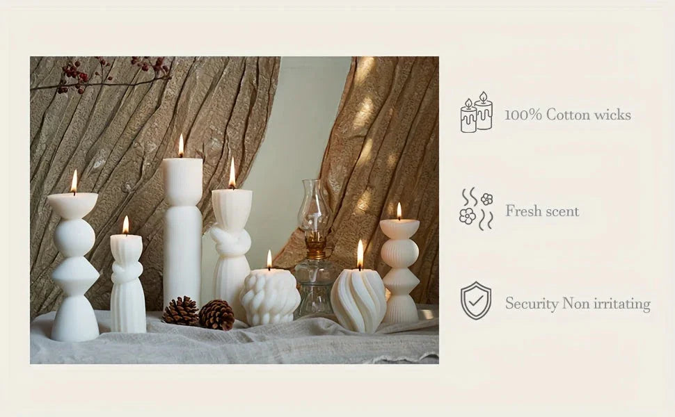 White soy wax pillar candles with ribbed texture, set of 7 - House of Avana