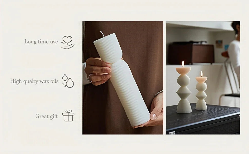 White soy wax pillar candles with ribbed texture, set of 7 - House of Avana