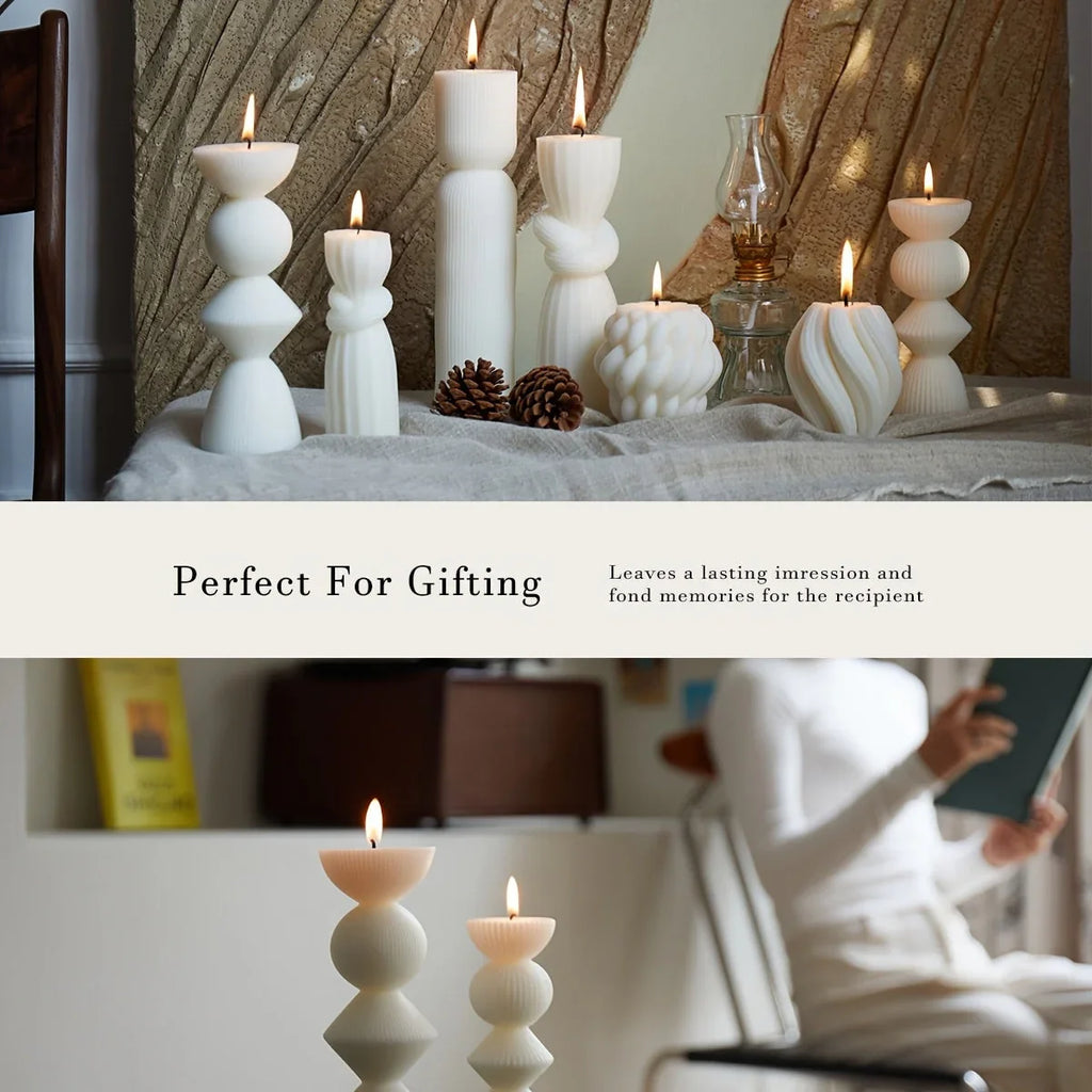 White soy wax pillar candles with ribbed texture, set of 7 - House of Avana