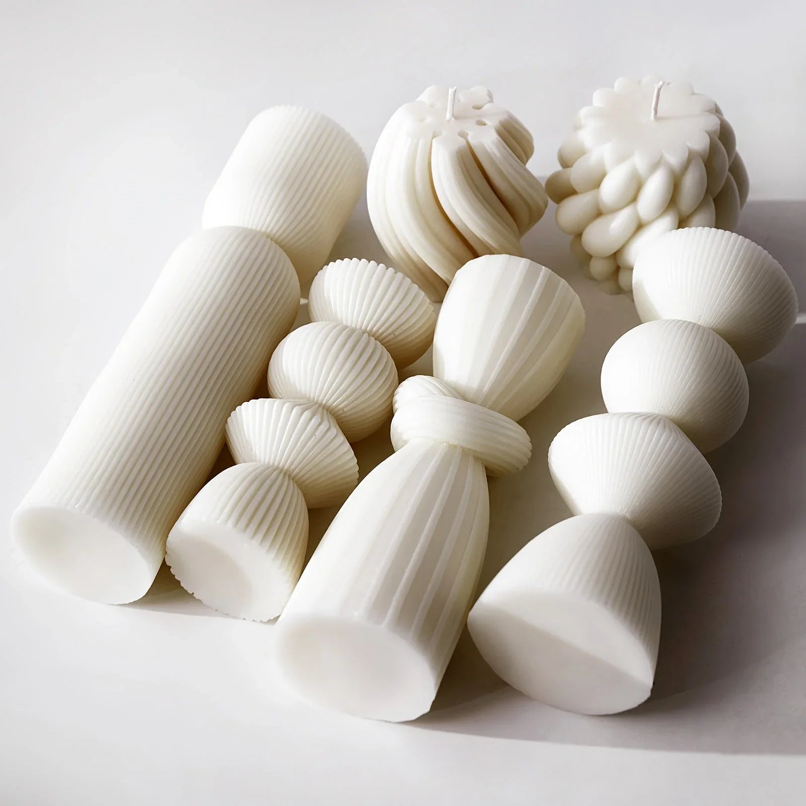 White soy wax pillar candles with ribbed texture, set of 7 - House of Avana