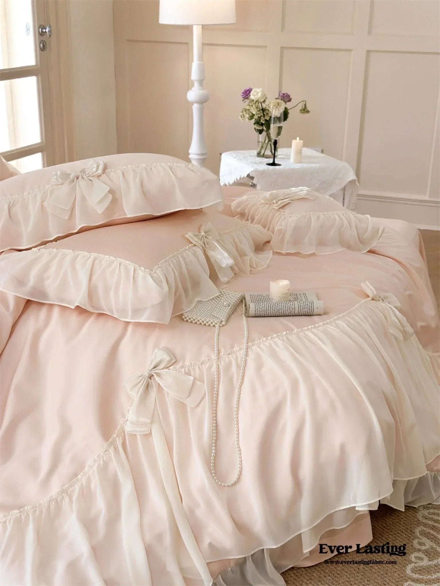 Ribbon Bow Airy Lace Bedding Set / Baby Pink Ever Lasting
