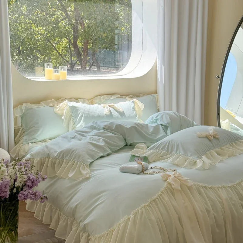 Ribbon Bow Airy Lace Bedding Set / Blue Ever Lasting