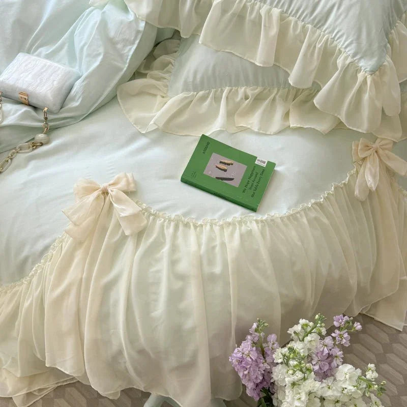 Ribbon Bow Airy Lace Bedding Set / Blue Ever Lasting