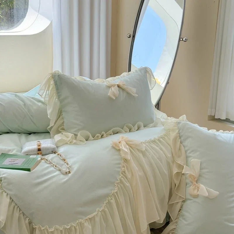 Ribbon Bow Airy Lace Bedding Set / Blue Ever Lasting