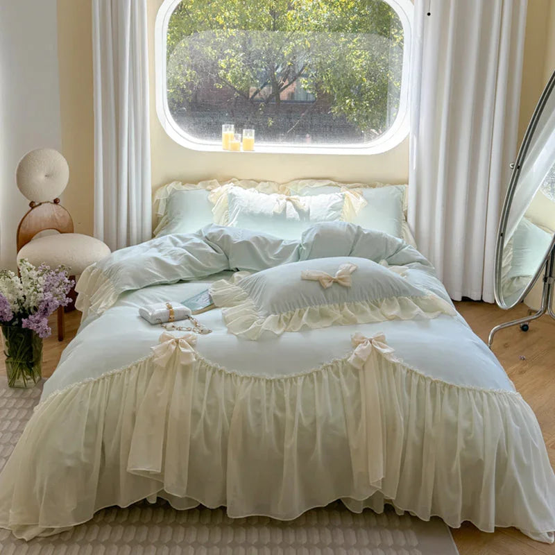 Ribbon Bow Airy Lace Bedding Set / Blue Ever Lasting