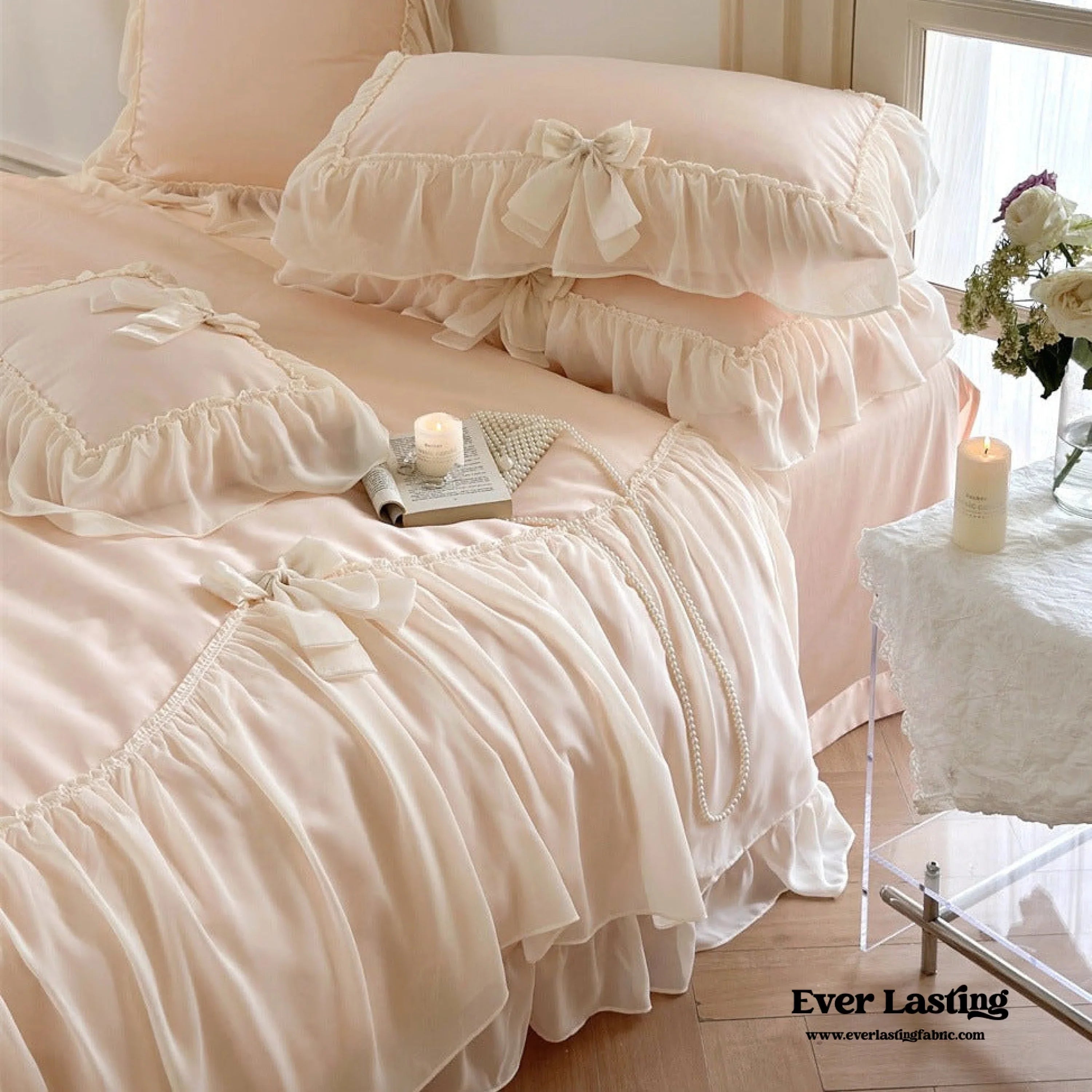 Ribbon Bow Airy Lace Bedding Set / Blue Ever Lasting
