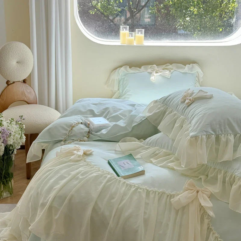 Ribbon Bow Airy Lace Bedding Set / Blue Ever Lasting