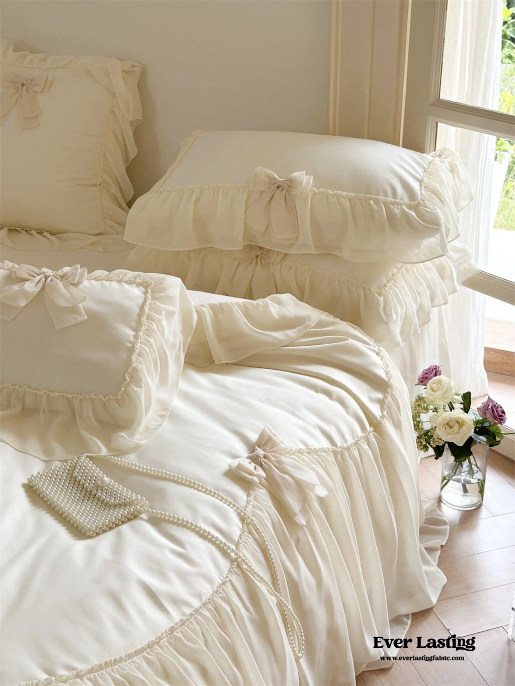 Ribbon Bow Airy Lace Bedding Set / Blue Ever Lasting