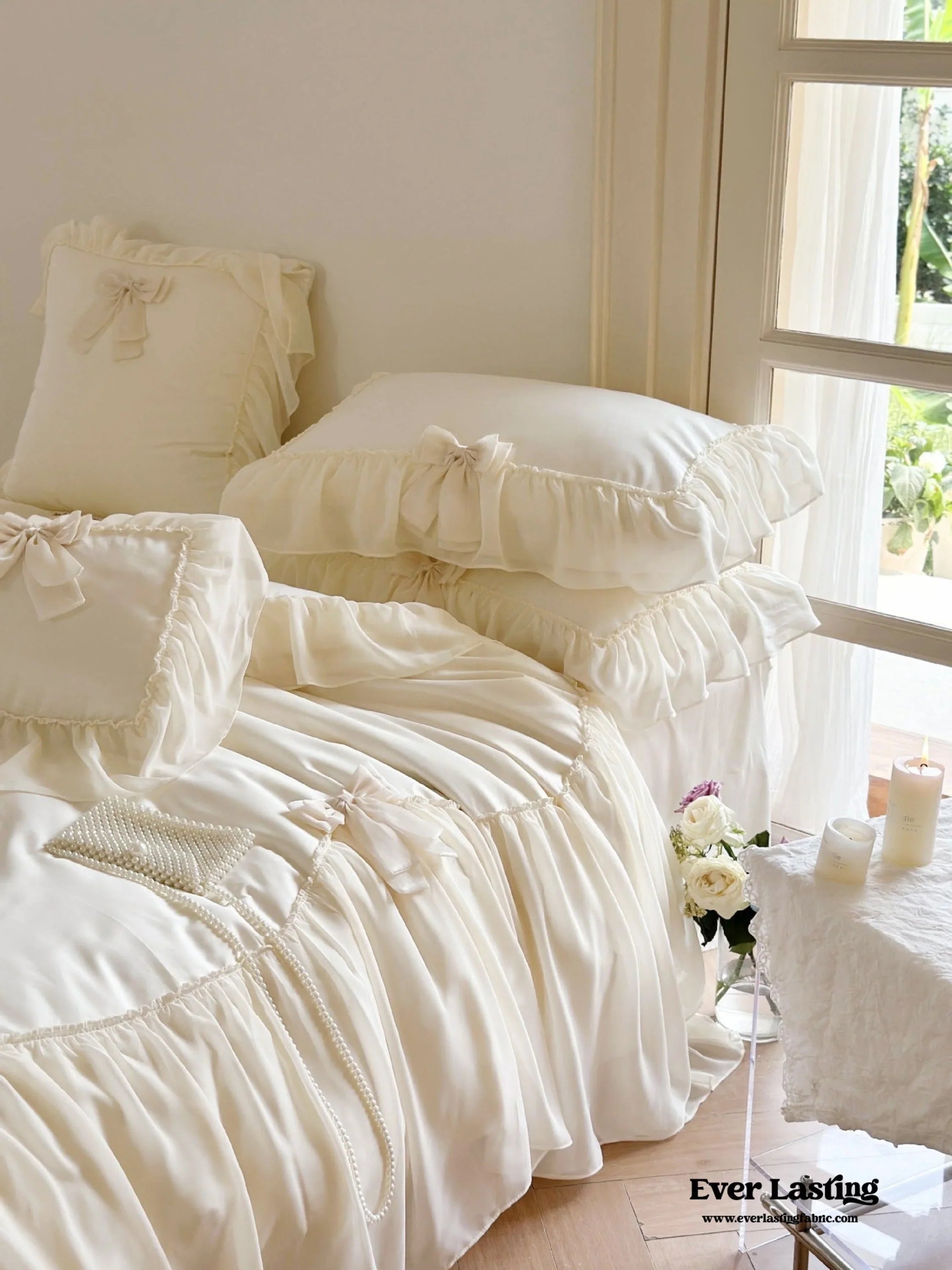 Ribbon Bow Airy Lace Bedding Set / Cream White Ever Lasting
