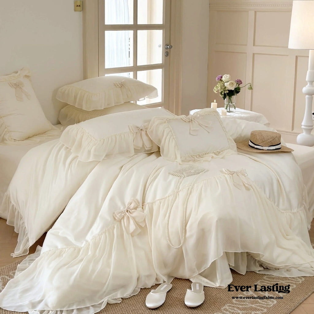 Ribbon Bow Airy Lace Bedding Set / Cream White Ever Lasting