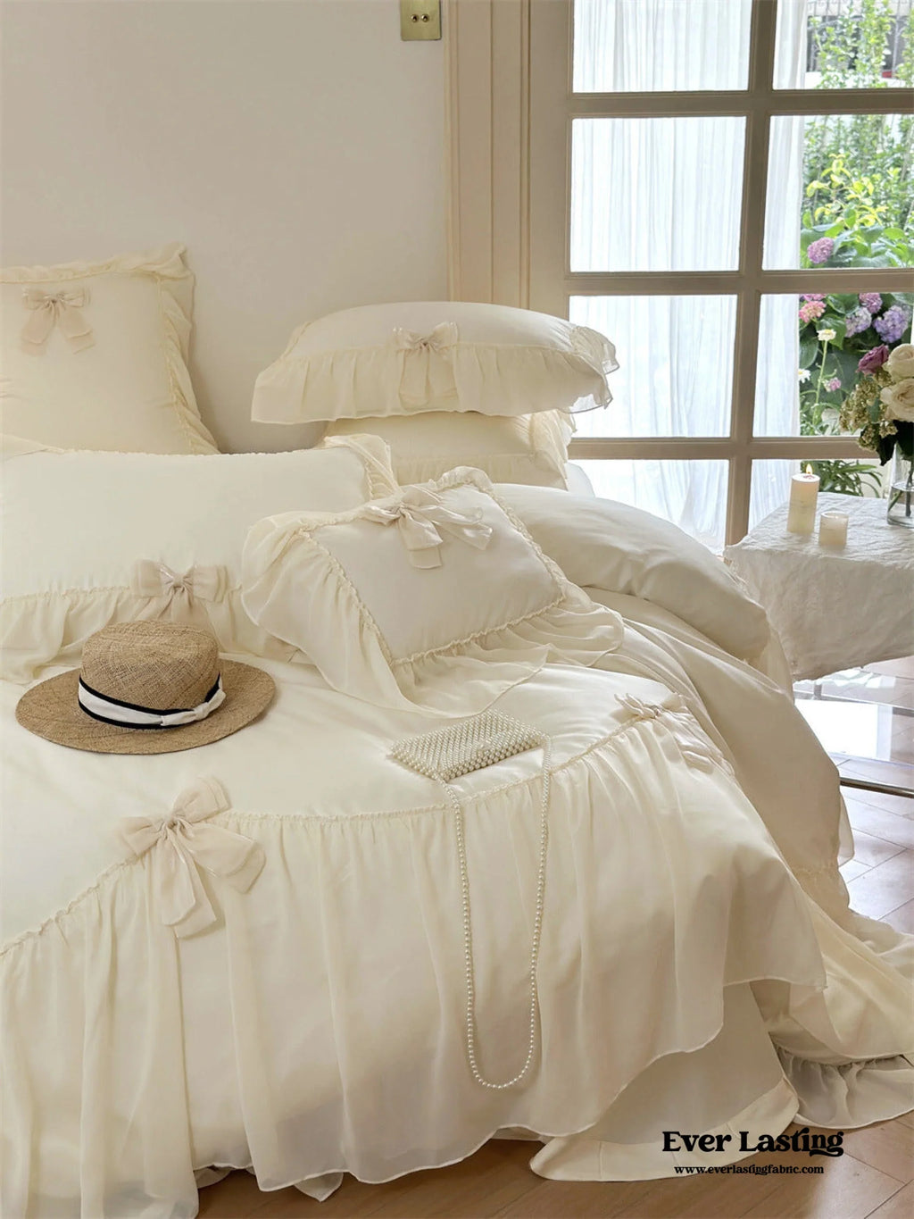 Ribbon Bow Airy Lace Bedding Set / Cream White Ever Lasting