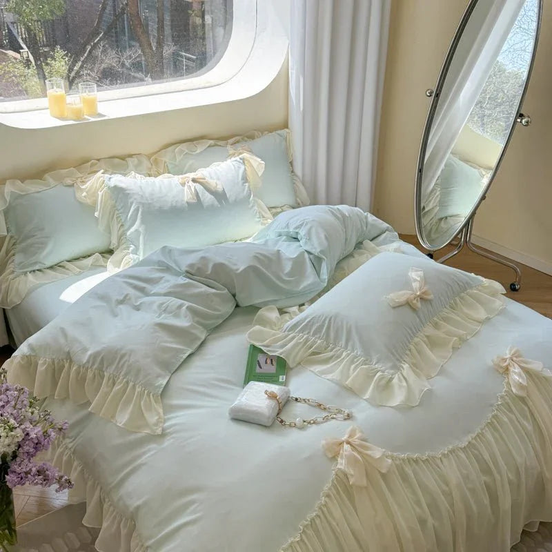 Ribbon Bow Airy Lace Bedding Set / Cream White Ever Lasting