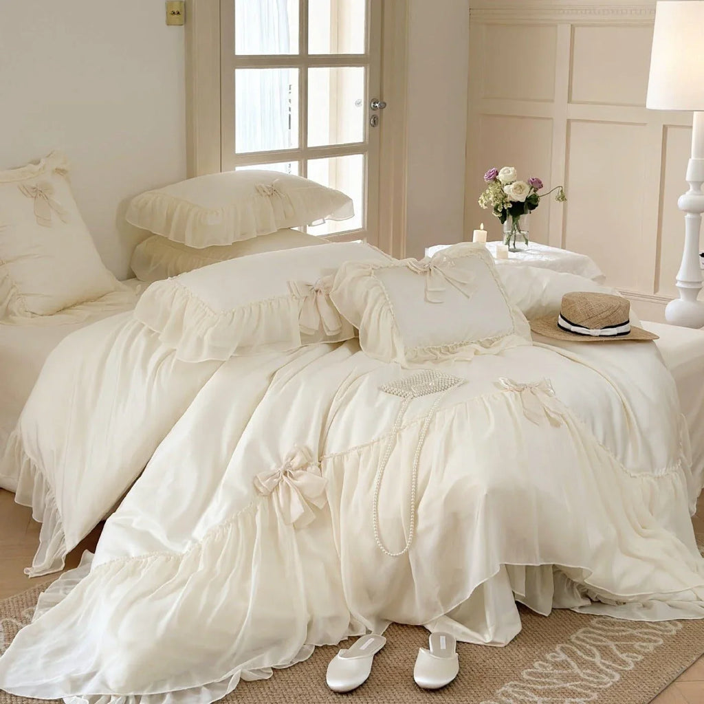 Ribbon Bow Airy Lace Bedding Set / Cream White Ever Lasting
