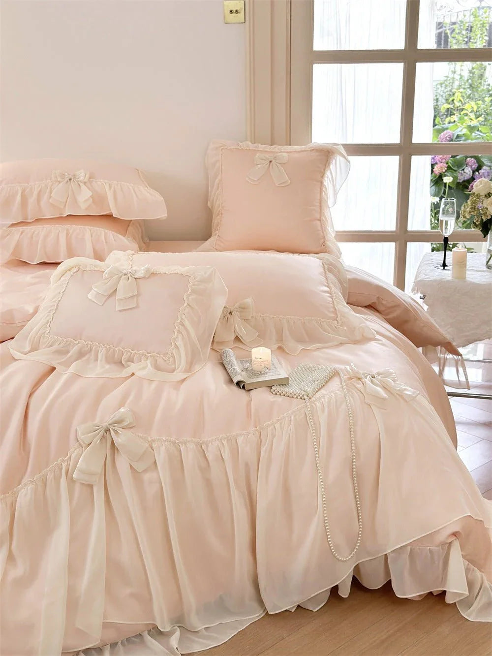 Ribbon Bow Airy Lace Bedding Set / Cream White Ever Lasting