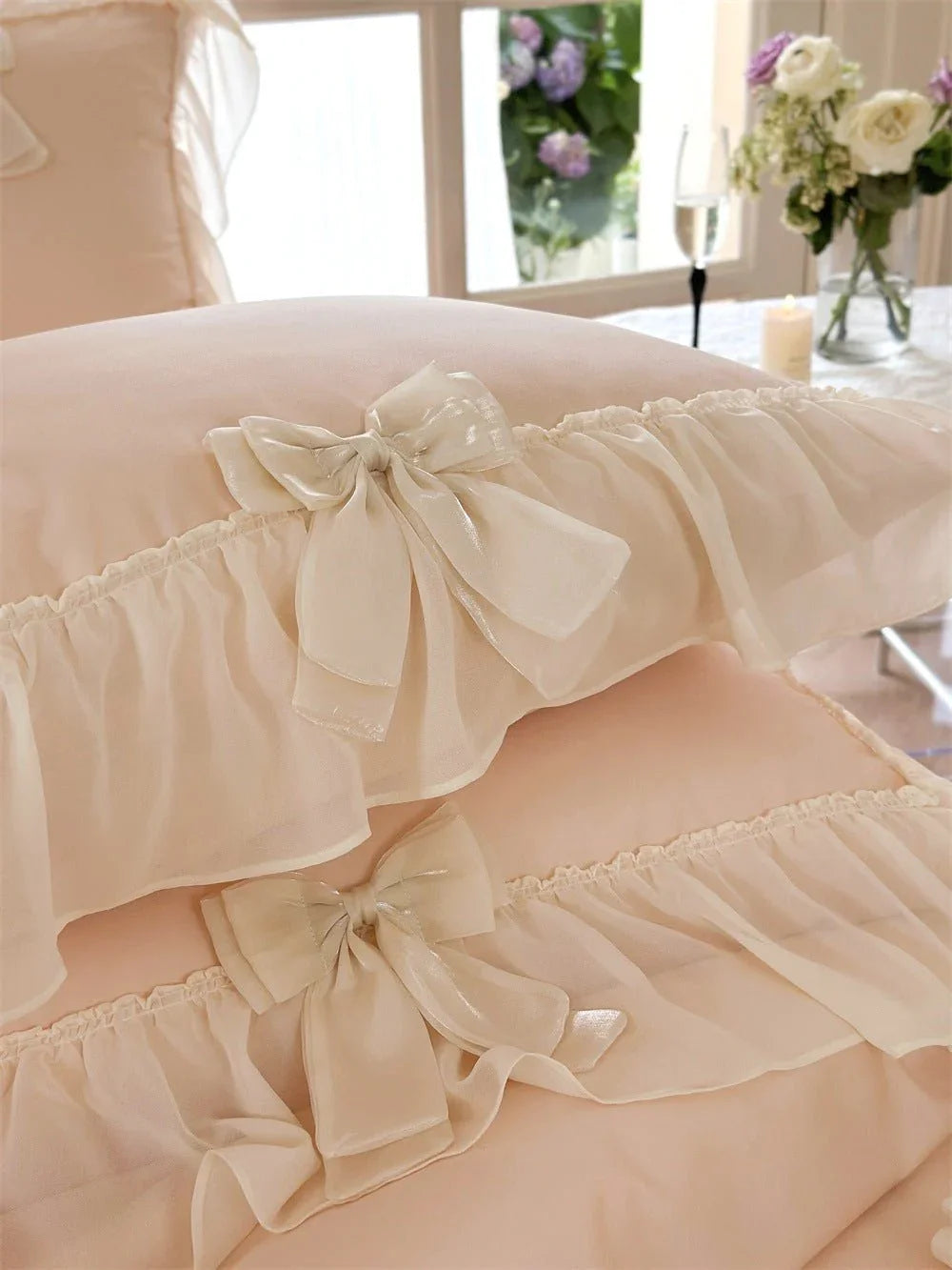 Ribbon Bow Airy Lace Bedding Set / Cream White Ever Lasting