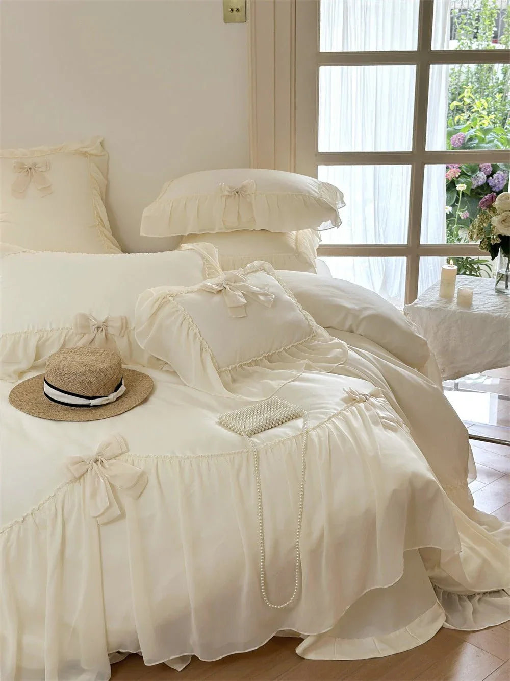 Ribbon Bow Airy Lace Bedding Set / Cream White Ever Lasting