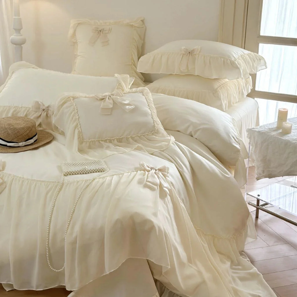 Ribbon Bow Airy Lace Bedding Set / Cream White Ever Lasting