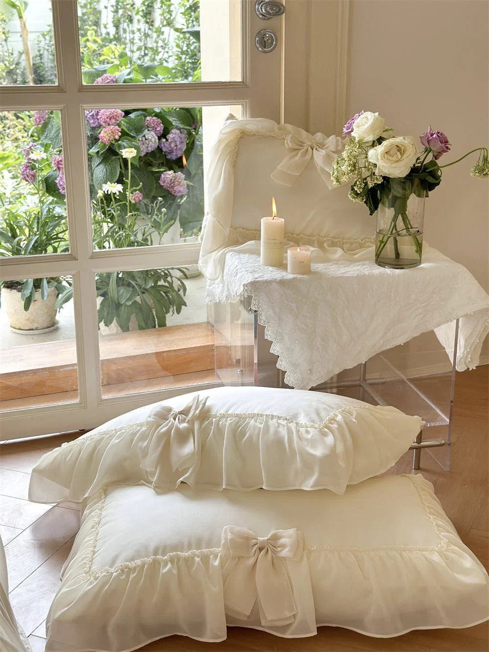 Ribbon Bow Airy Lace Bedding Set / Cream White Ever Lasting