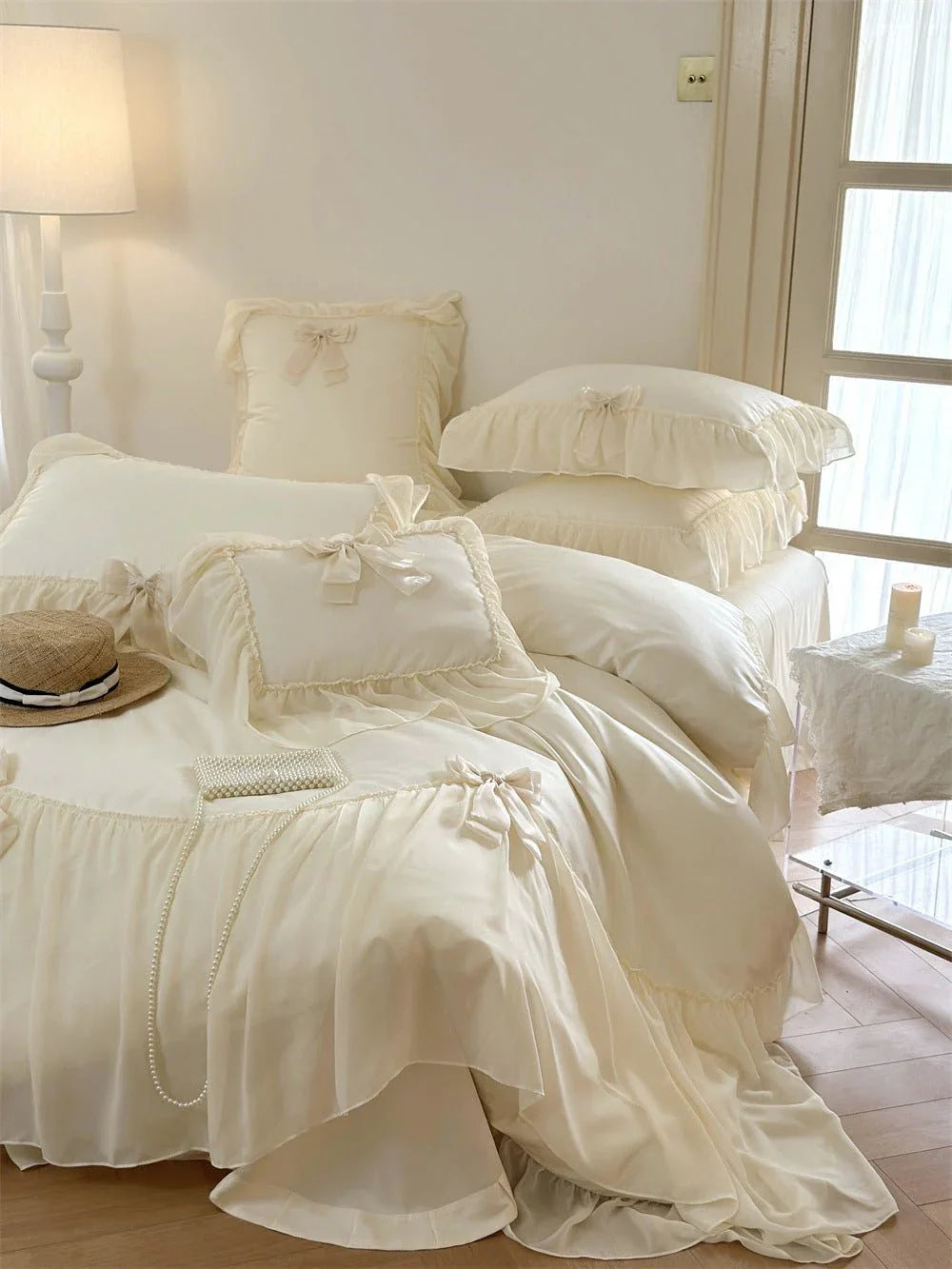 Ribbon Bow Airy Lace Bedding Set / Cream White Ever Lasting