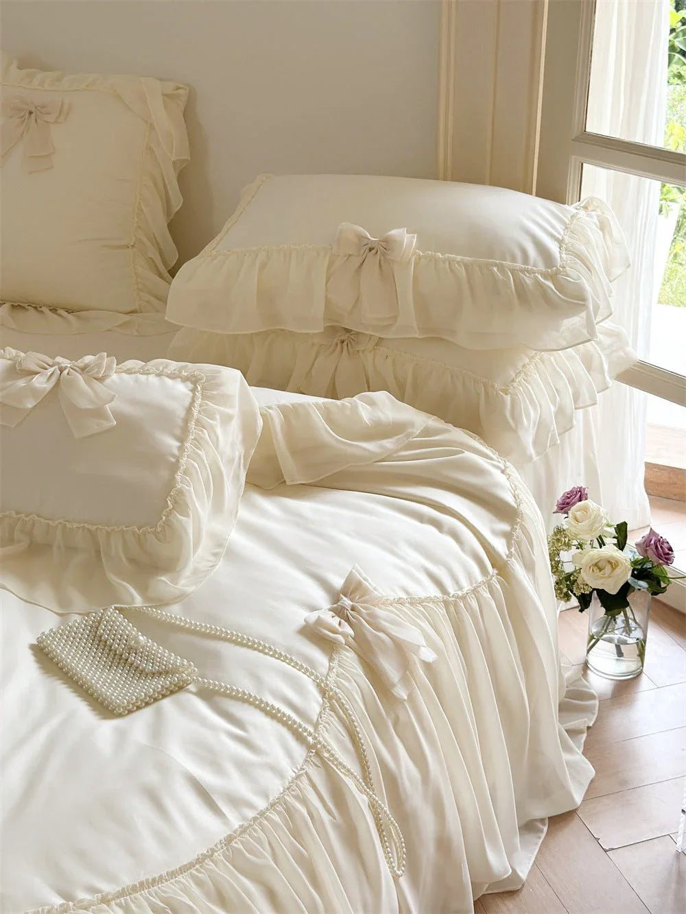 Ribbon Bow Airy Lace Bedding Set / Cream White Ever Lasting