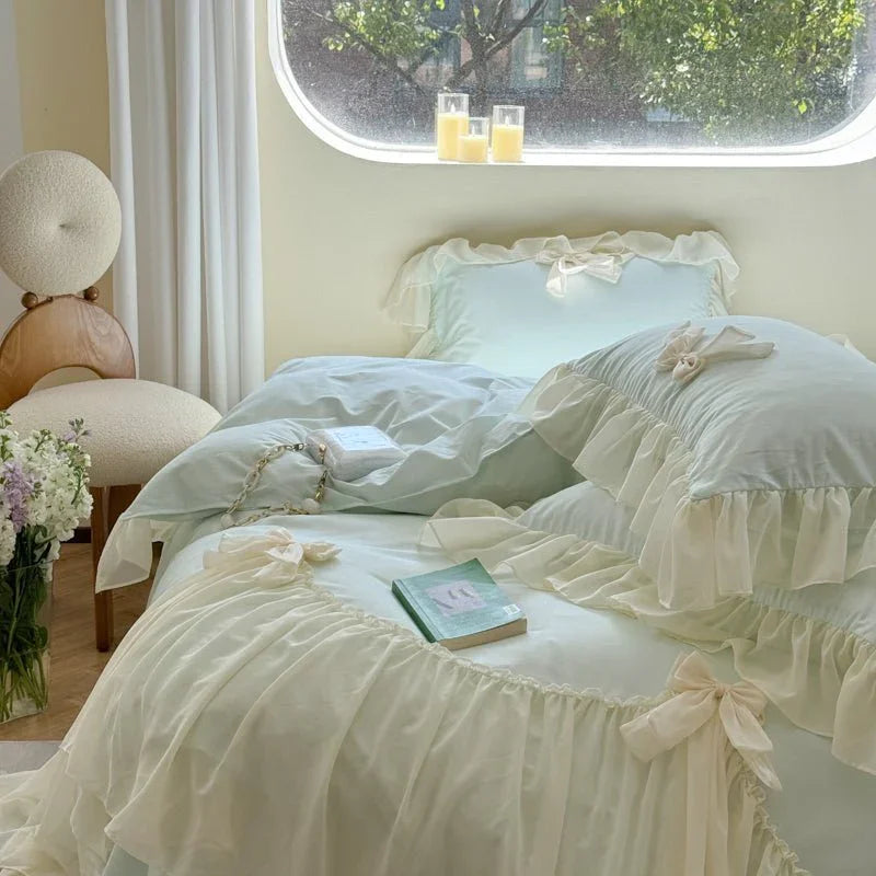 Ribbon Bow Airy Lace Bedding Set / Cream White Ever Lasting