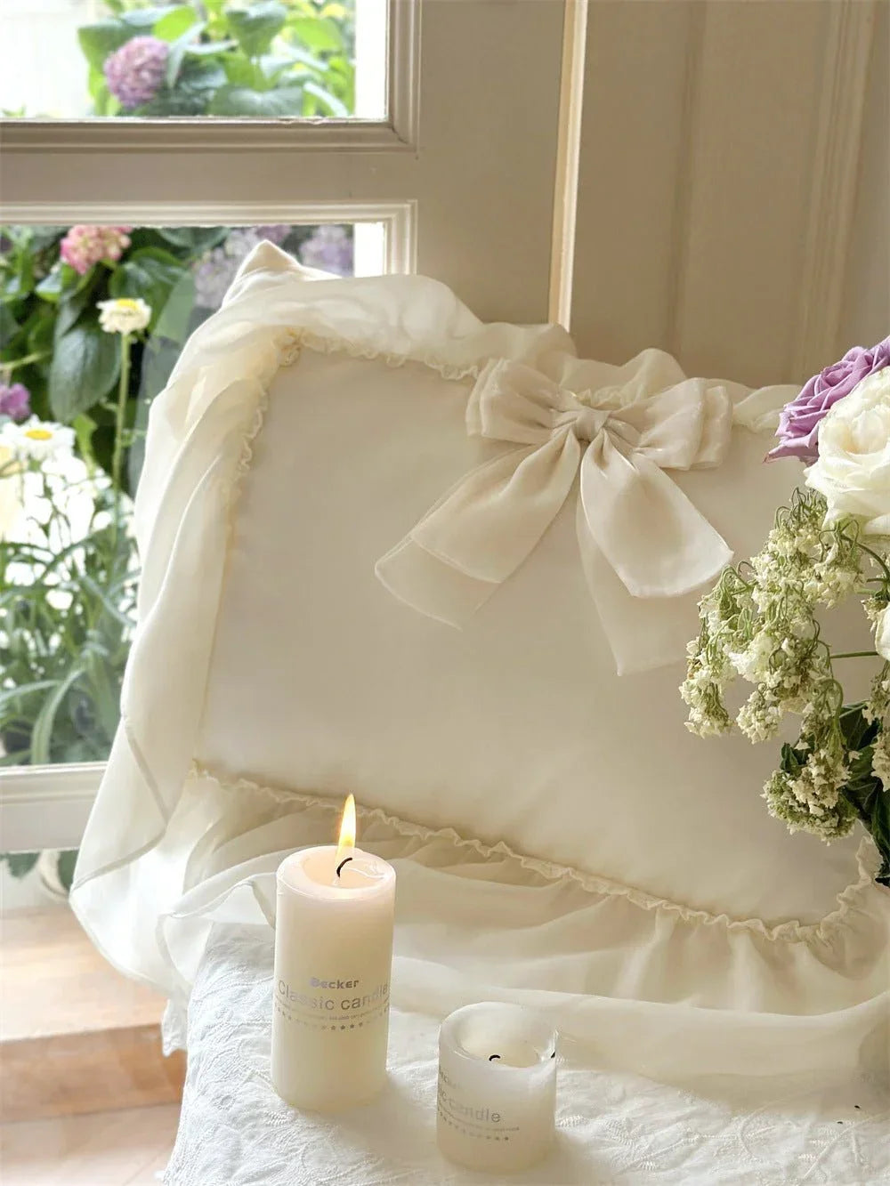 Ribbon Bow Airy Lace Bedding Set / Cream White Ever Lasting