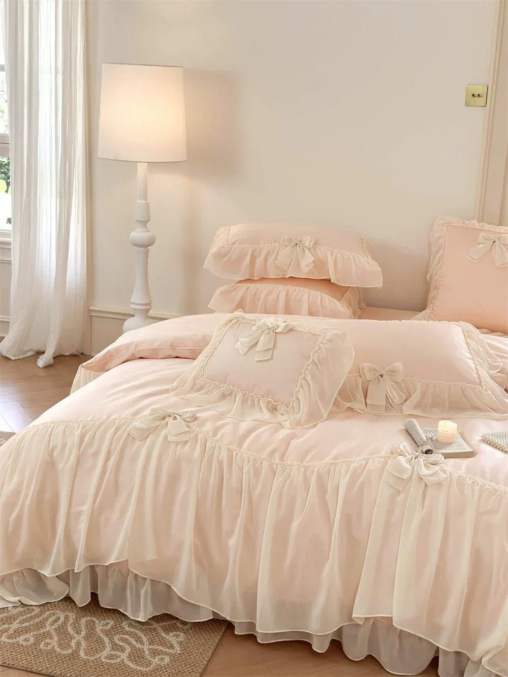 Ribbon Bow Airy Lace Bedding Set / Cream White Ever Lasting