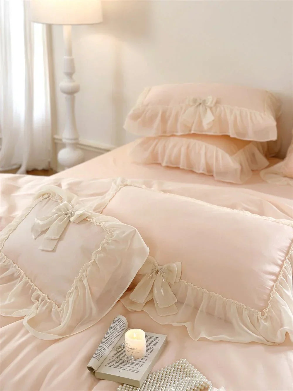 Ribbon Bow Airy Lace Bedding Set / Cream White Ever Lasting