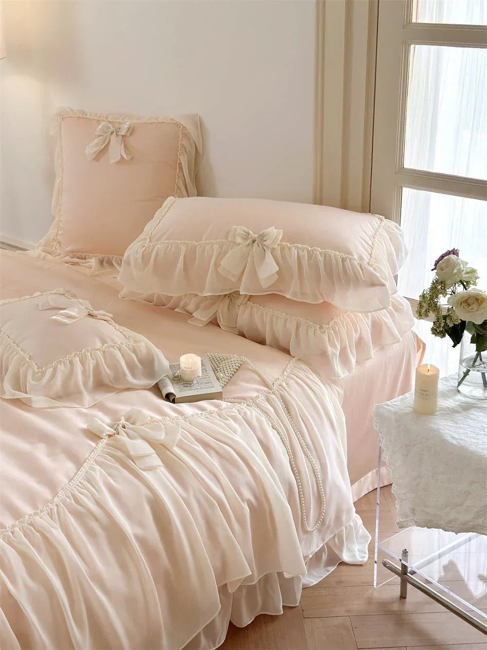 Ribbon Bow Airy Lace Bedding Set / Cream White Ever Lasting