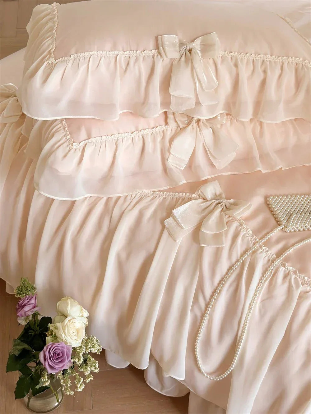 Ribbon Bow Airy Lace Bedding Set / Cream White Ever Lasting